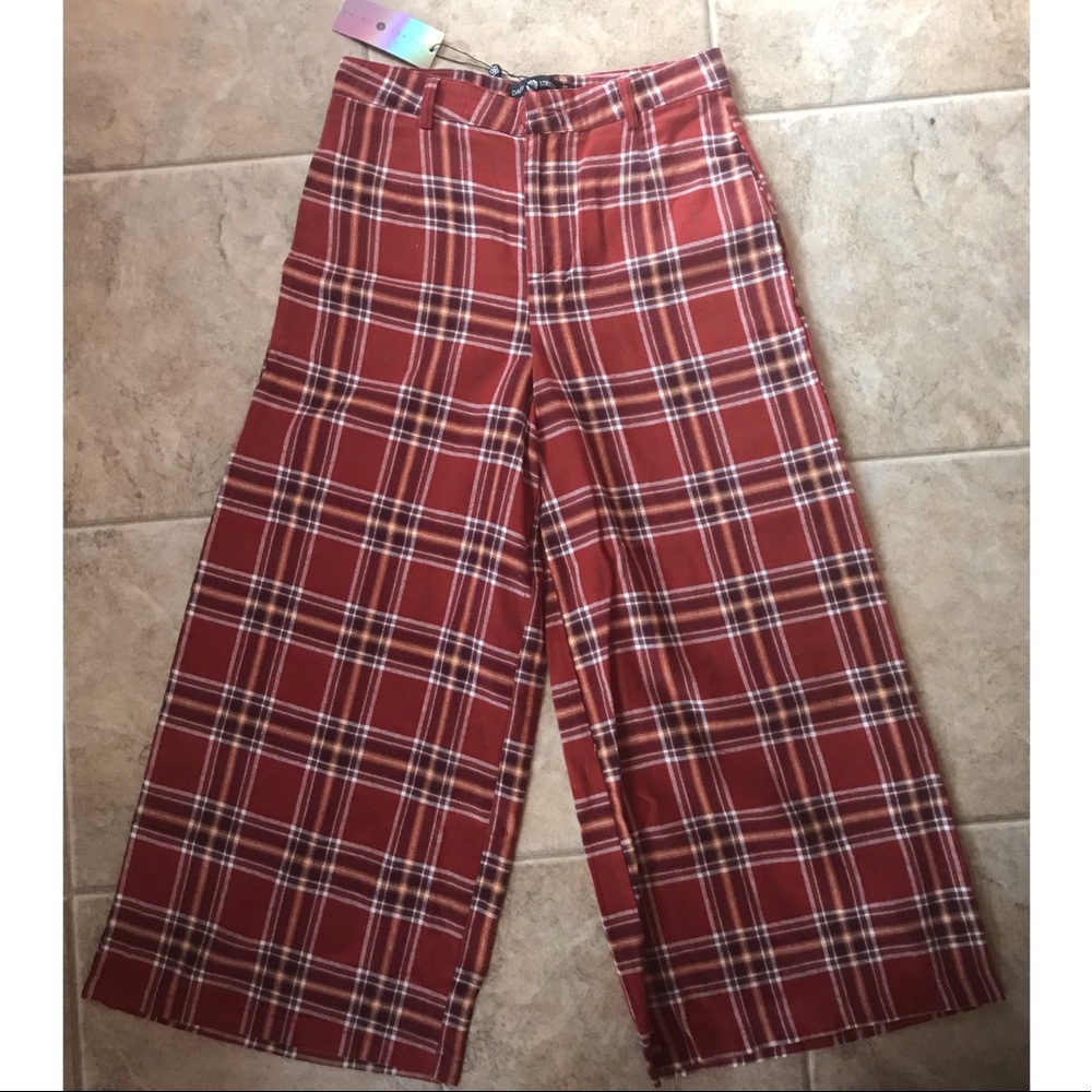 NWT DOLLS KILL RUST/BROWN PLAID PANT US L UK 12